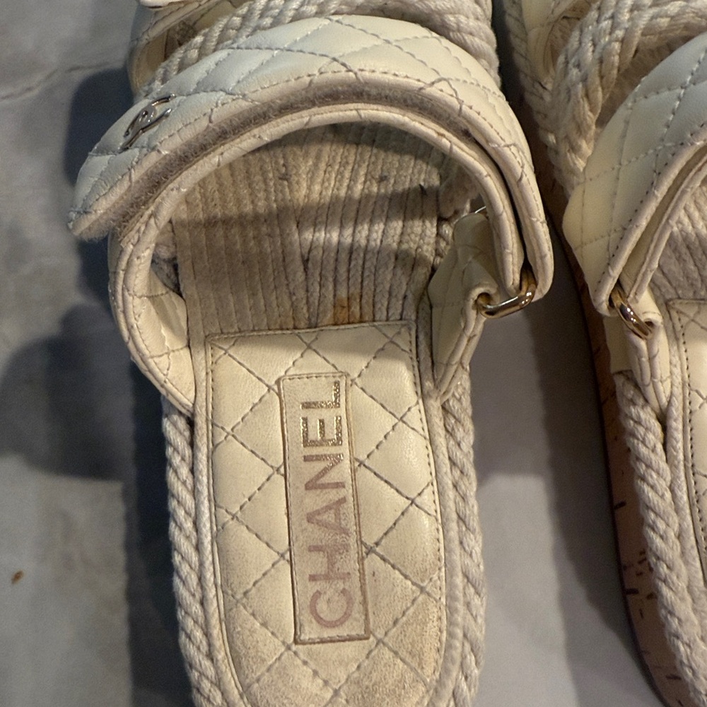 CHANEL Cream Quilted Rope Strap Slide Sandals - Picture 8 of 11